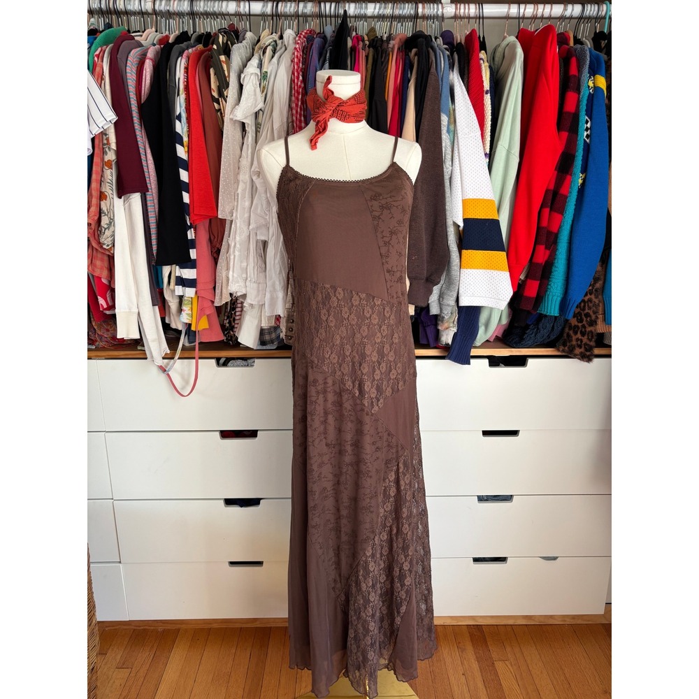 Lucky Brand Maxi Dress Womens Large Brown Y2K Lace Patchwork Mesh Boho Fairycore